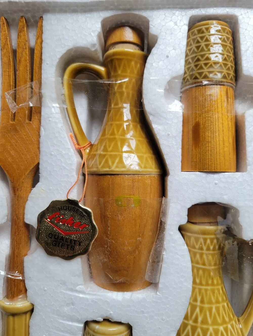 Vtg House of Fisher 6pc Salad Condiment Set MCM Wood Ceramic Japan In Styrofoam